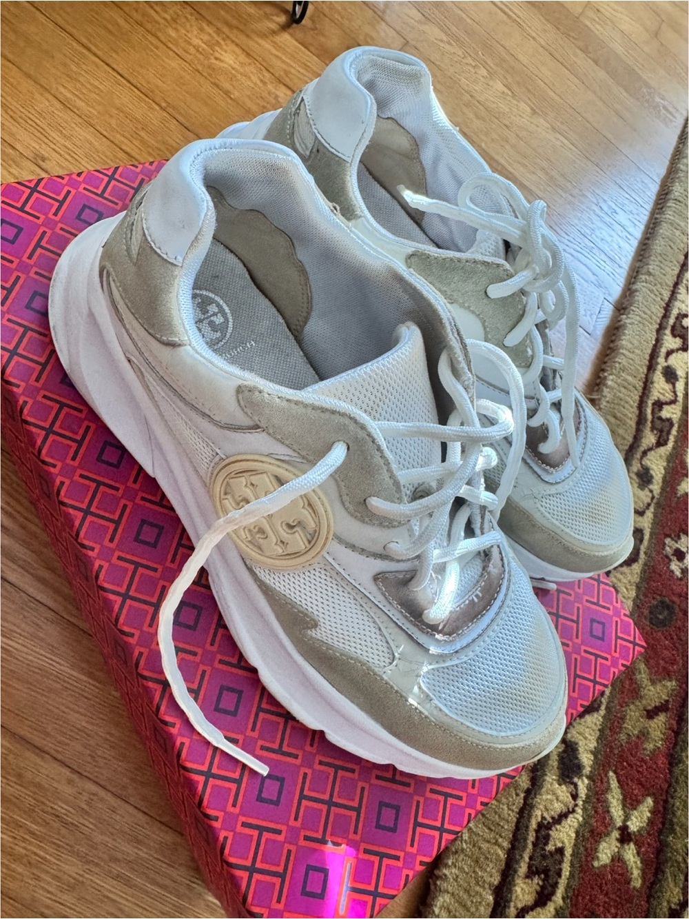 Tory Burch White and Beige Logo Chunky Lace-Up Sneakers